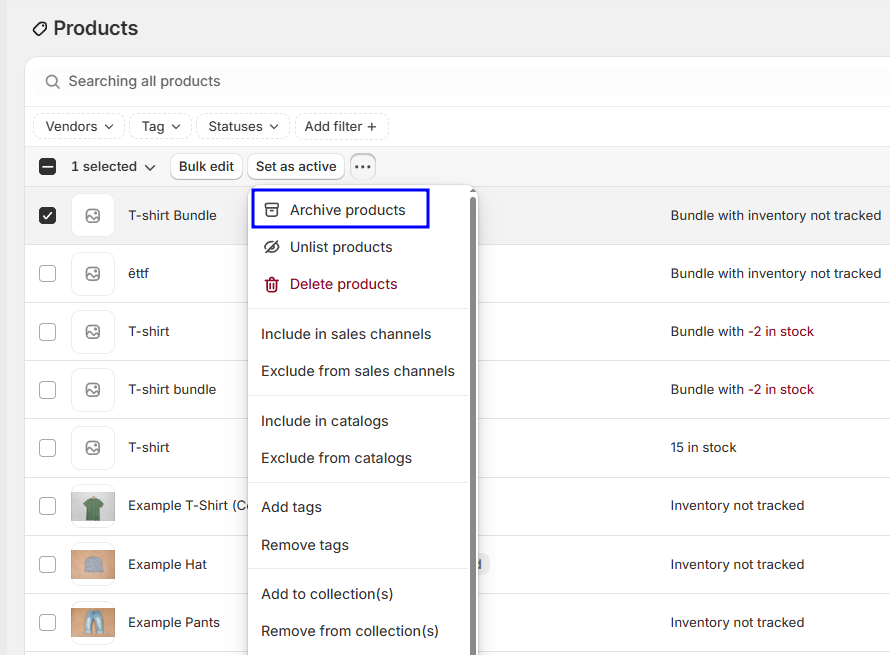 Archive products in Shopify admin